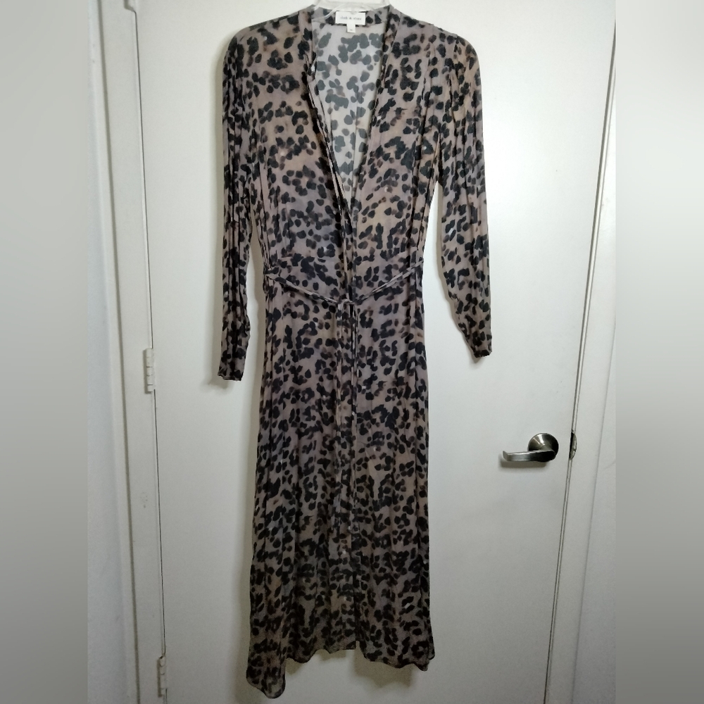Cloth & Stone (Sz M) Animal Print V-Neck Button Down Front LS Belted Maxi Dress